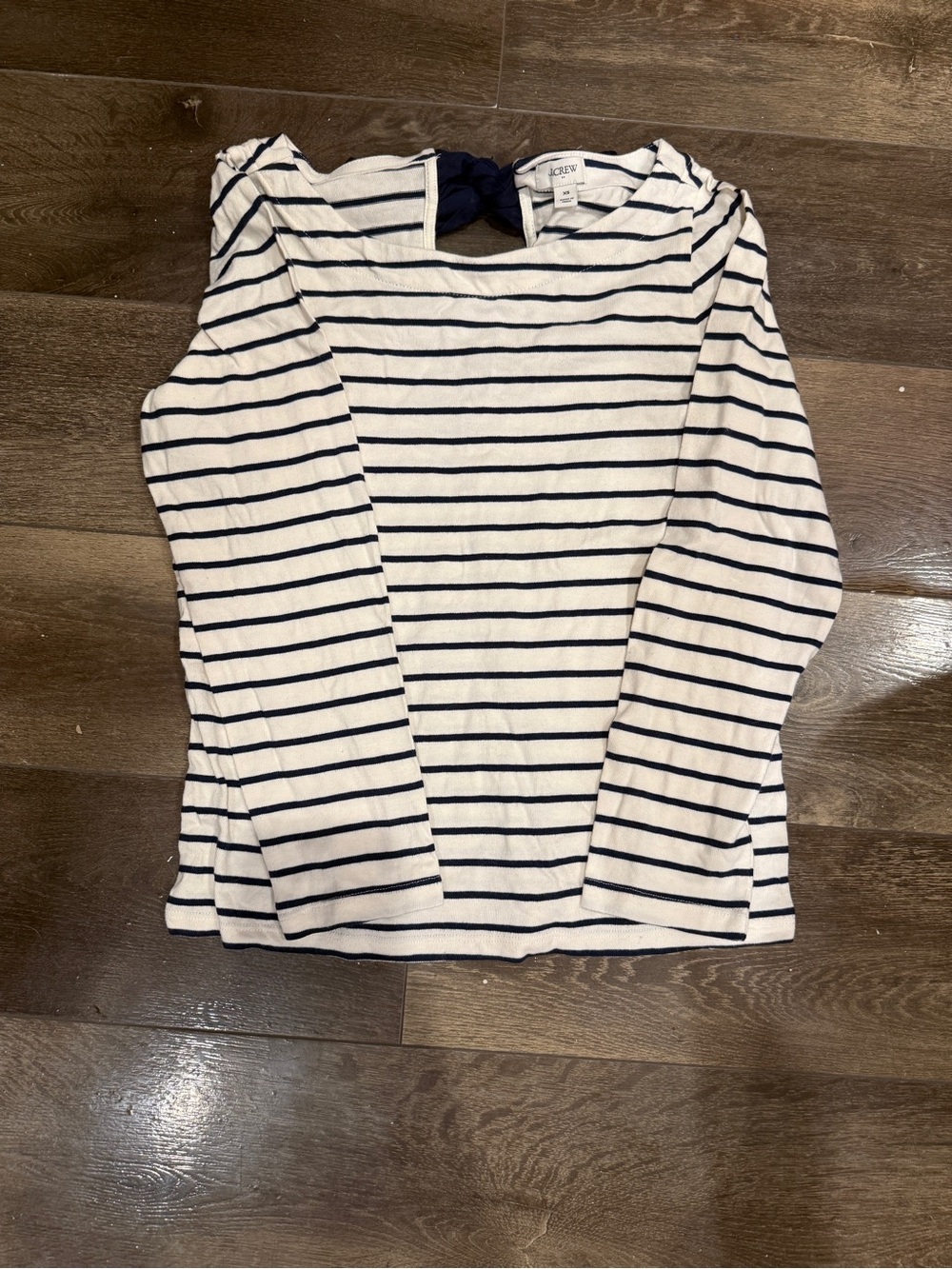 J. Crew Factory Navy & White Striped 3/4 Length Sleeve Bow Top